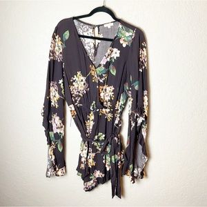 Oddy brown flower print romper ruffled long sleeve and hem with belt